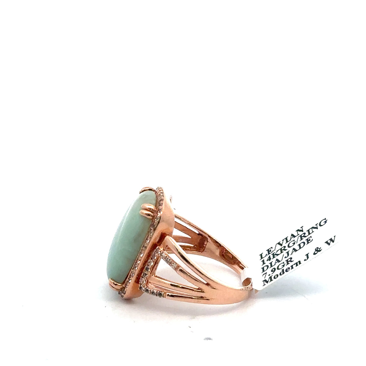 LeVian 14k Rose Gold Jade & Diamonds Ladies Ring, 7.9gm, Size 9.5, S108108