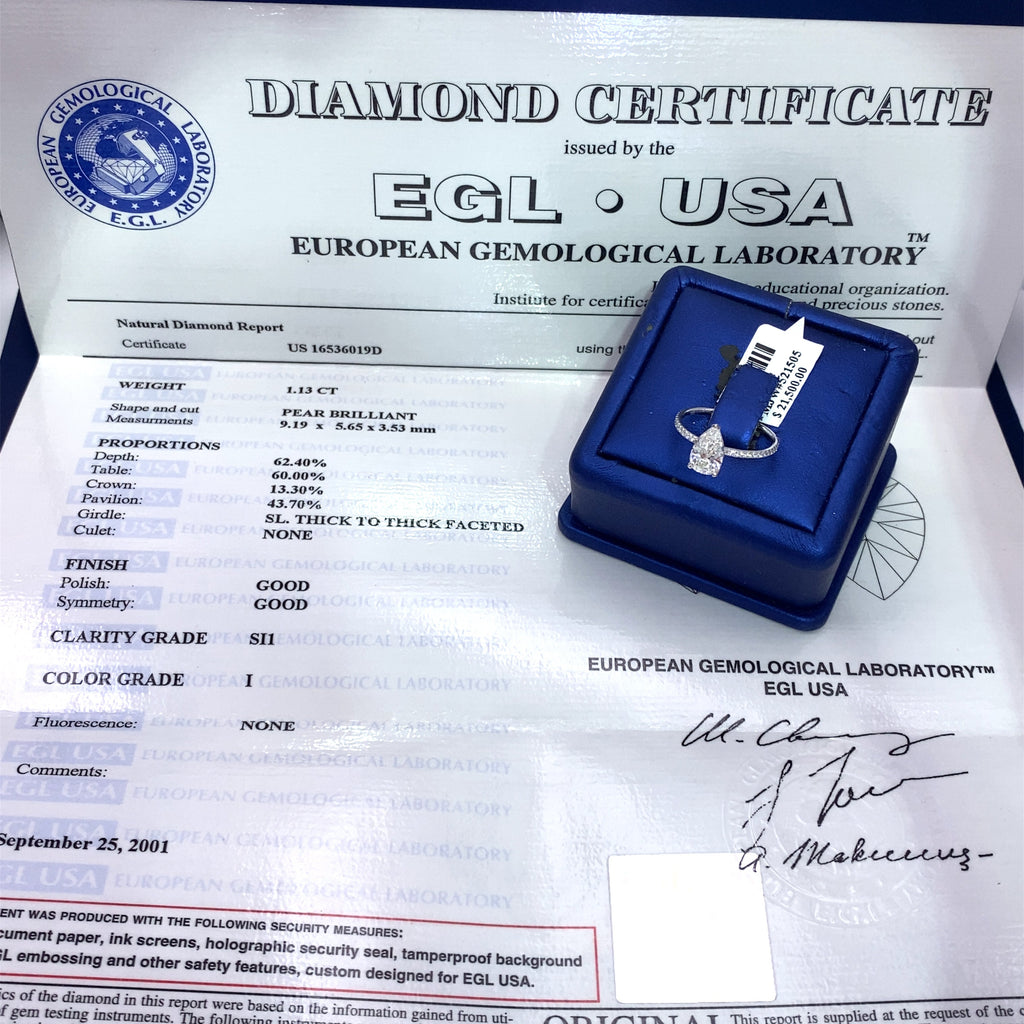 EGL Cert.18k White Gold 1.50 CT Pear Cut Diamond Engagment Ring