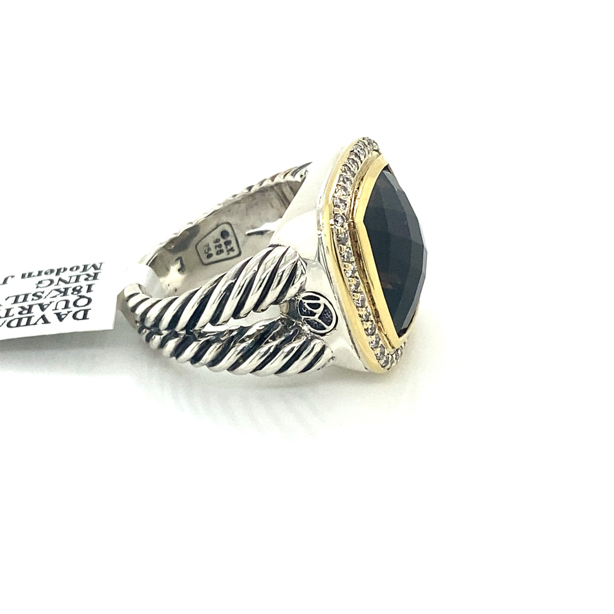 David Yurman 18k Yellow Gold & 925 Sterling Silver, Smokey Topaz & Diamond Ring