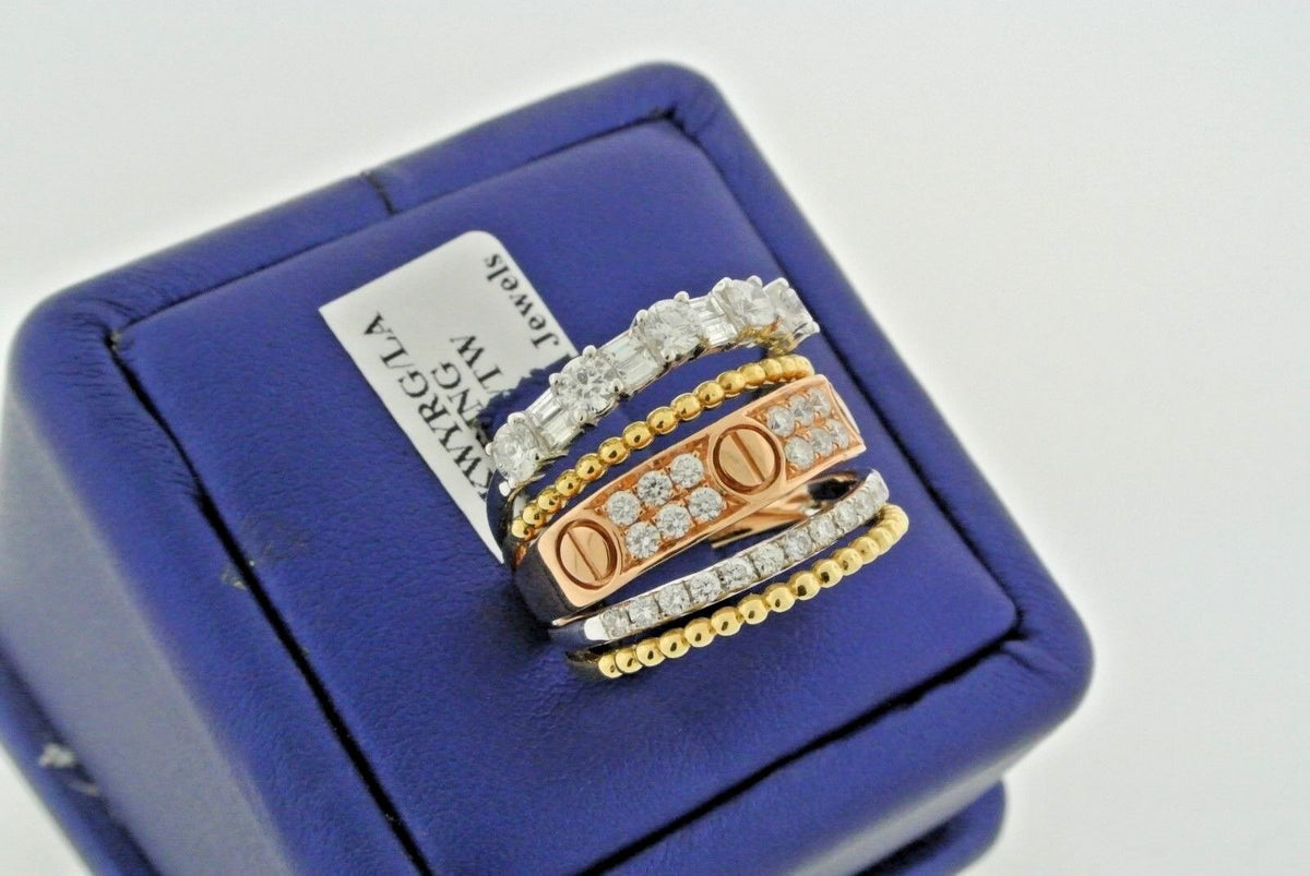 Fancy Designer Style 18k Tri-Color Gold 1.75 CT Diamond Ladies Ring