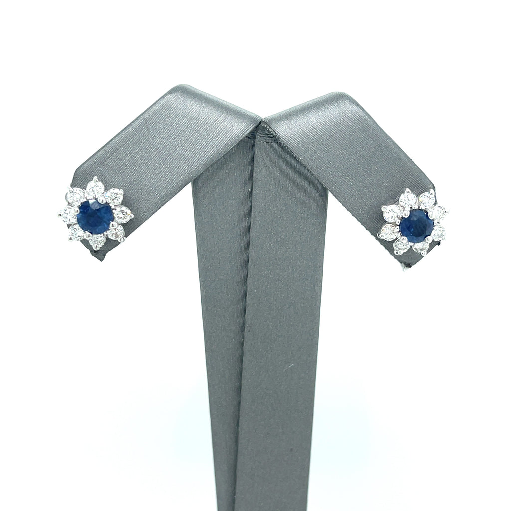 14k White Gold 3.50 CT Diamond & Sapphire Flower Stud Earrings, 2.9gm