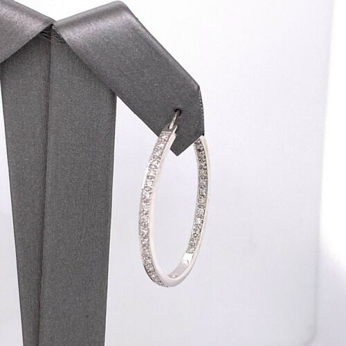 14k White Gold 1.50 CT Diamond Inside Out Hoop Earrings, 6.8gm, 1.25",