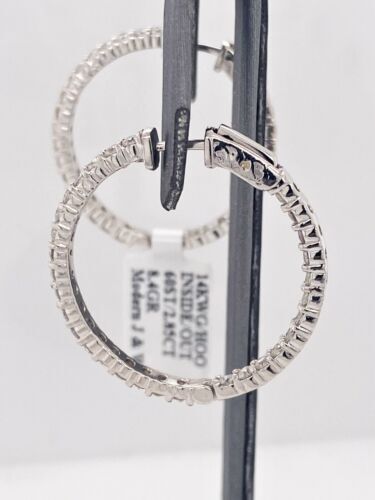 14k White Gold 2.85 CT Diamond Inside Out Hoop Earrings, 8.4g, S106191