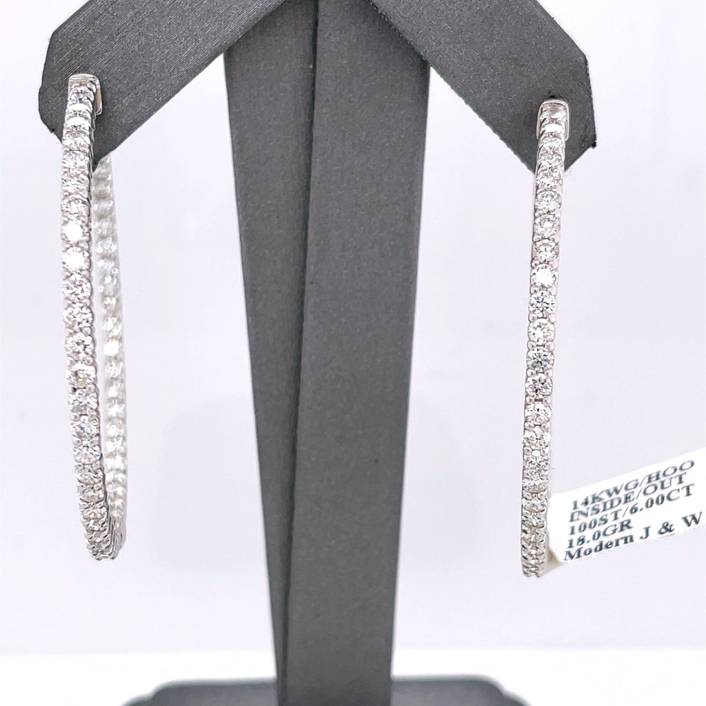 14K White Gold 6.00 CT Diamond Inside Out Hoop Earrings, 18.0 gm