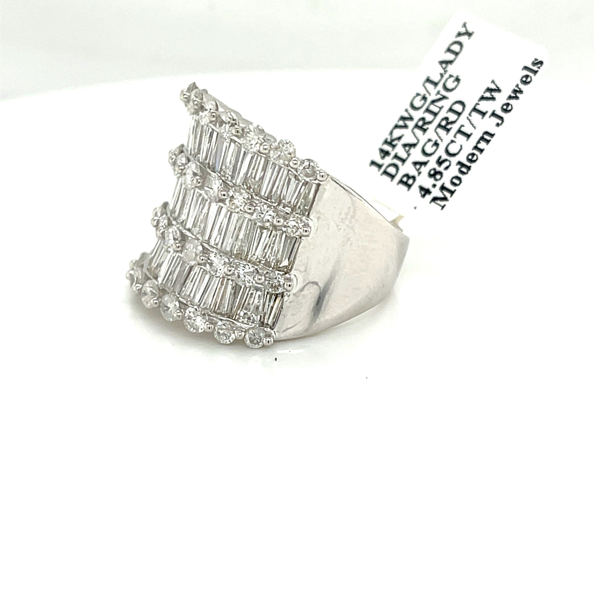 14k White Gold 4.85CT Ladies Baguette Diamond Ring, 8.1gm, Size 7.25,