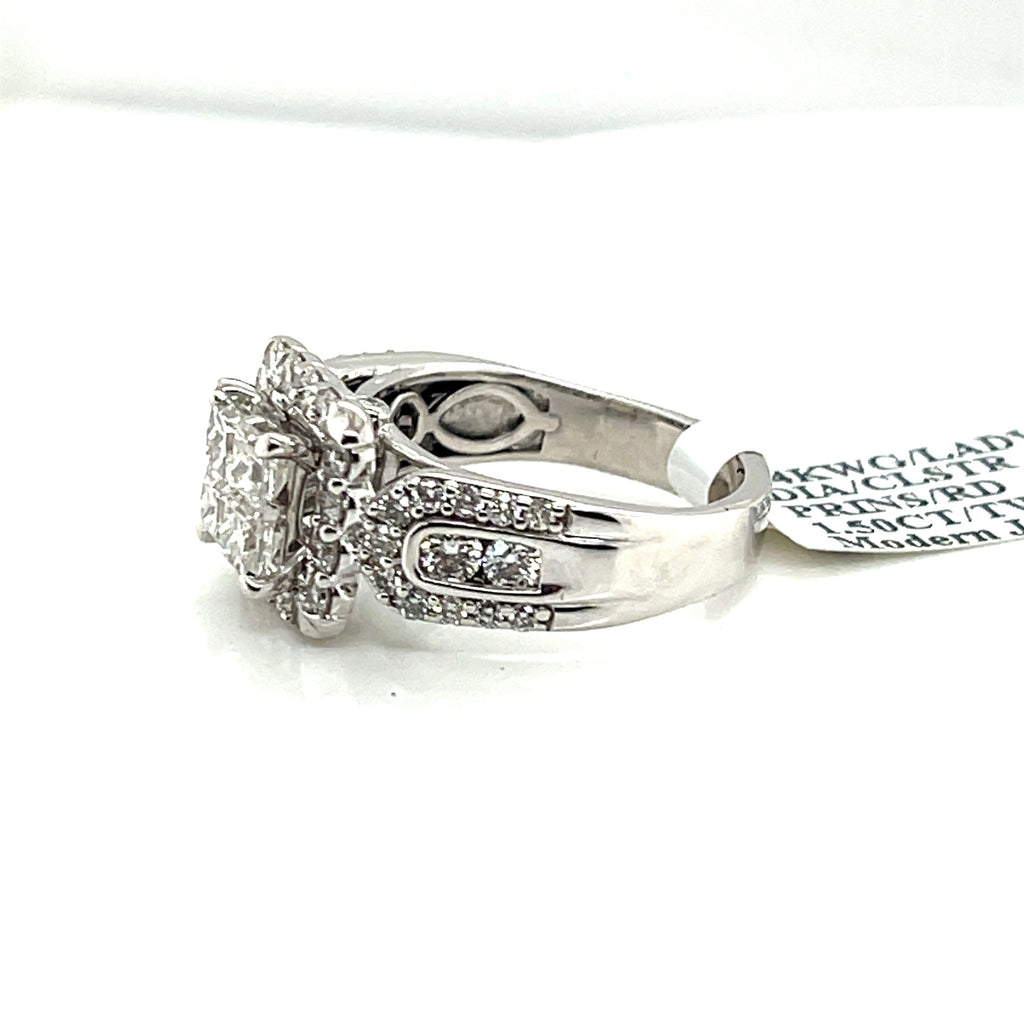 14k White Gold 1.50 Diamond Cluster Engagement Ring, 7.2g, Size 6