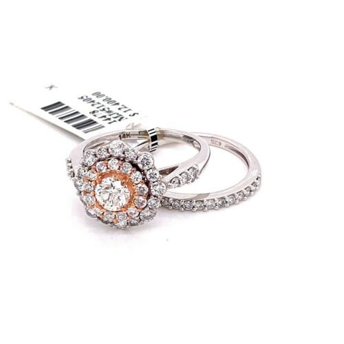 14k Two Tone Gold 1.75 CT Diamond Halo Engagement Ring Set, 5.1gm Size 7