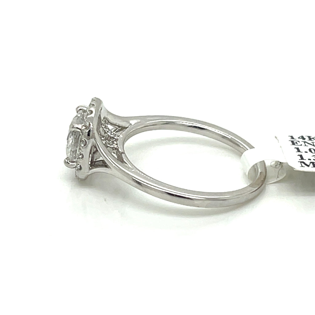 14K White Gold 1.35CT Round Diamond Halo Engagement Ring, Size 6, 3.3G