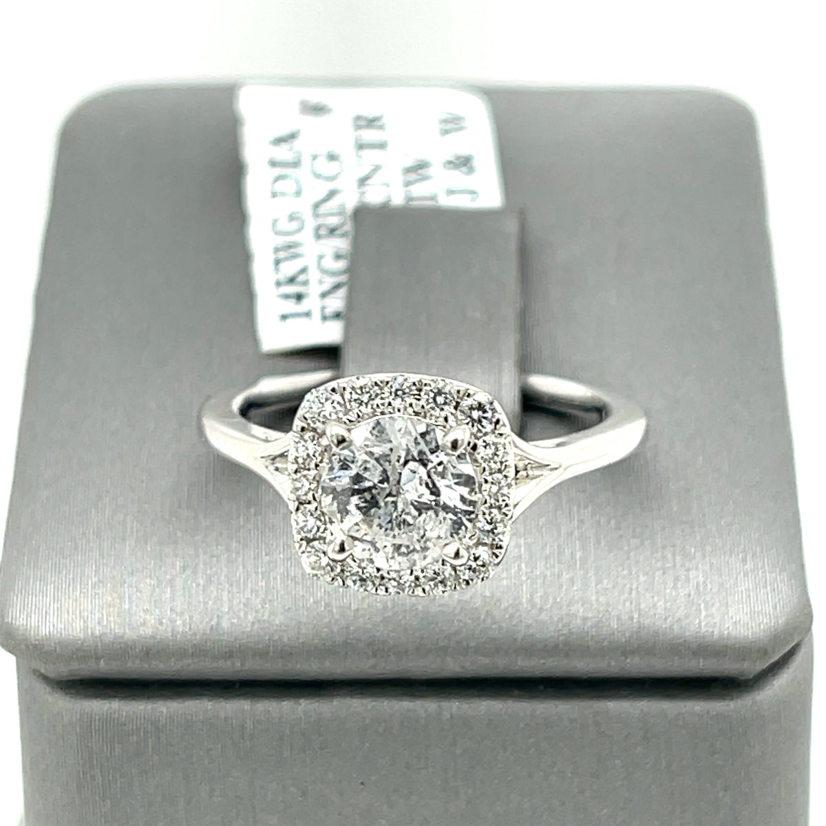 14K White Gold 1.35CT Round Diamond Halo Engagement Ring, Size 6, 3.3G