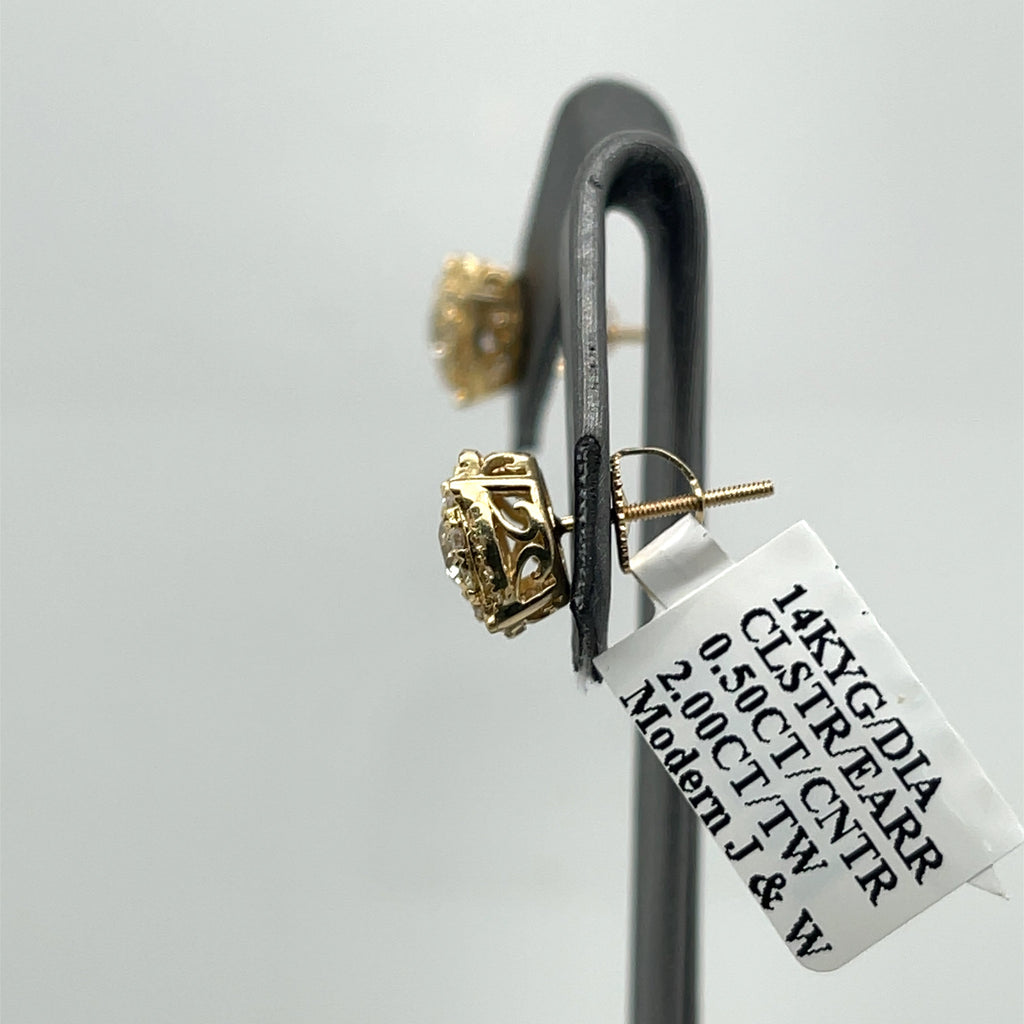 14k Yellow Gold 2.00 CT Diamond Cluster diamond Earrings, 2.8G
