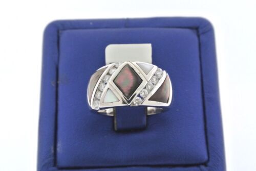 14K WHITE GOLD TAHITIAN BLACK & WHITE MOTHER OF PEARL & DIAMOND LADIES RING