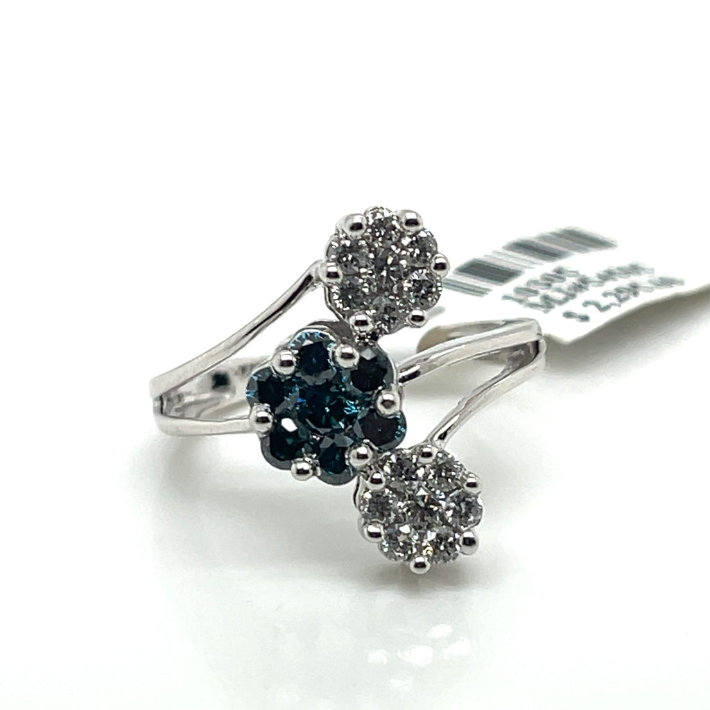 14K White Gold 1.25 CT Blue & White Diamond Ring, 4.2gm, Size 6.25
