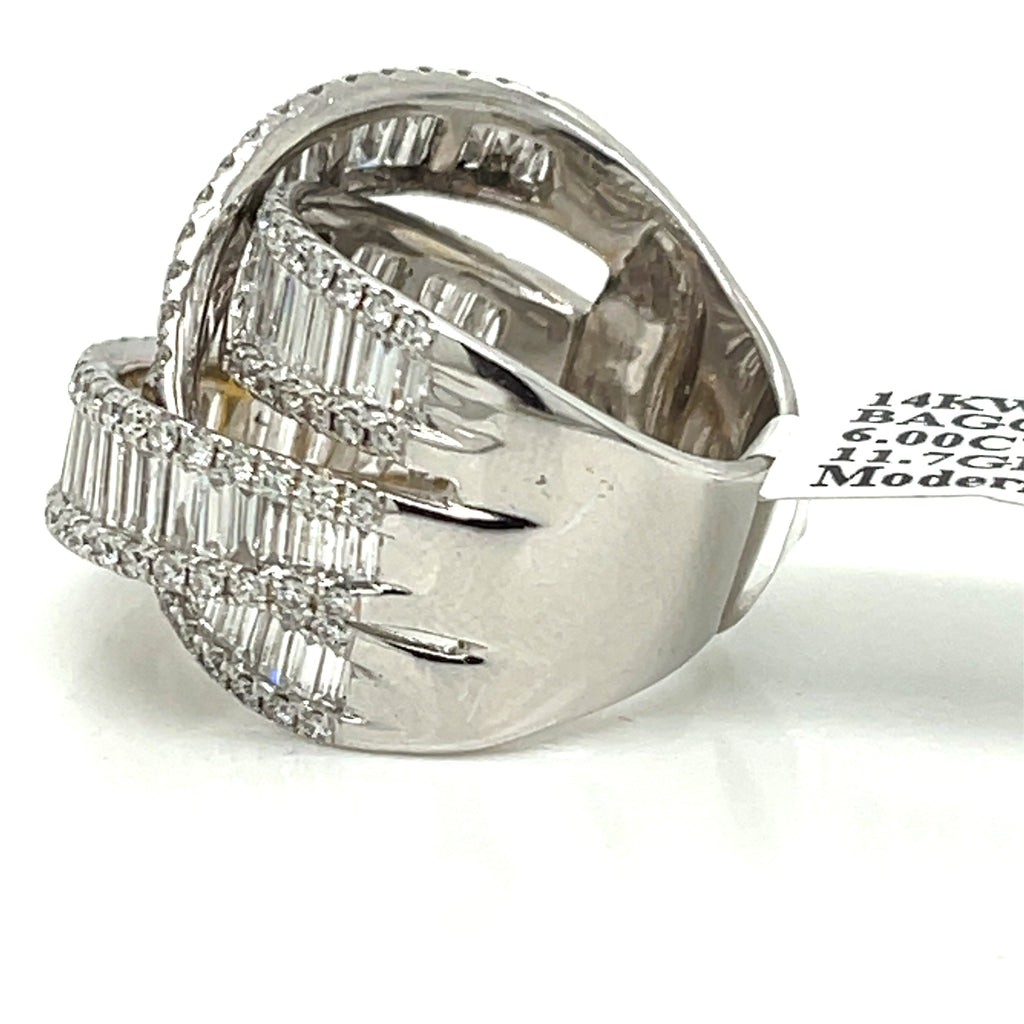 14k White Gold 6.00 CT Baguette & Round Crossover Ring, 11.7gm, size 7.25