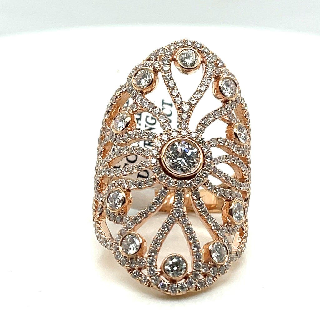 14k Rose Gold 3.00 CT Diamond Cocktail Ladies Ring, 9.8gm, Size 7
