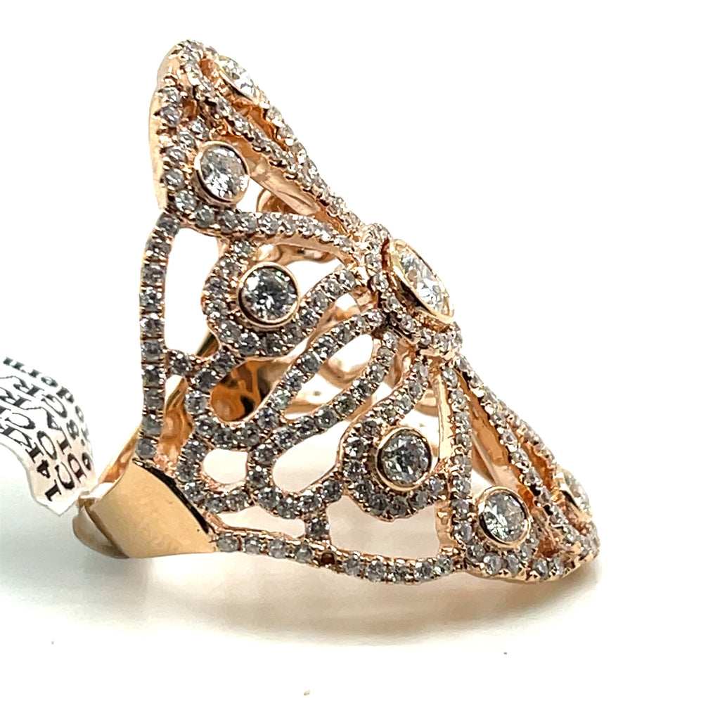 14k Rose Gold 3.00 CT Diamond Cocktail Ladies Ring, 9.8gm, Size 7