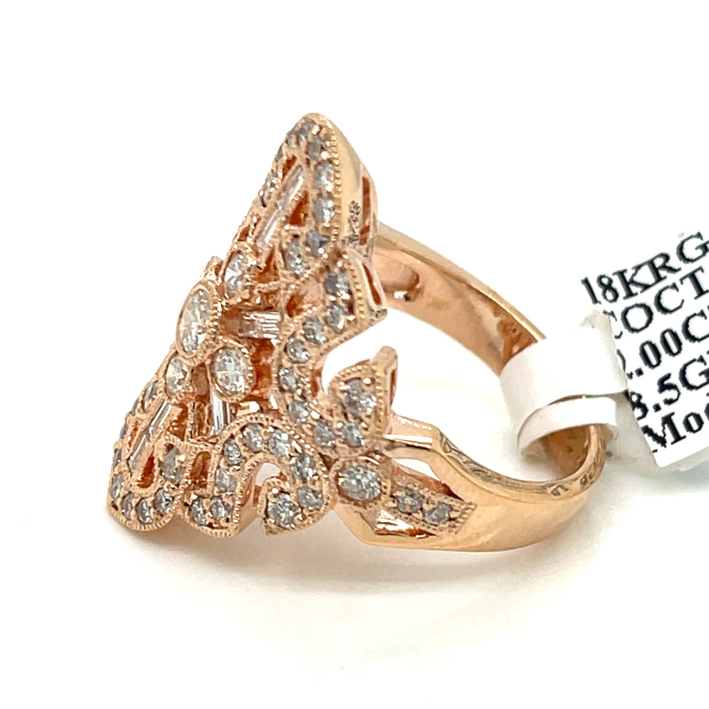Ladies 18k Rose Gold 2.00 CT Diamond Cocktail Ring 8.5gm Size 6.25