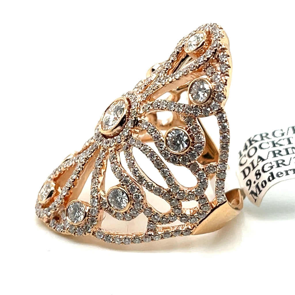 14k Rose Gold 3.00 CT Diamond Cocktail Ladies Ring, 9.8gm, Size 7