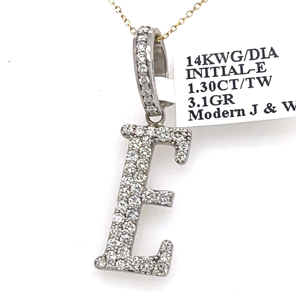 14K White Gold 1.30Ct Round Diamond Initial E Pendant 1.41", 3.1G,