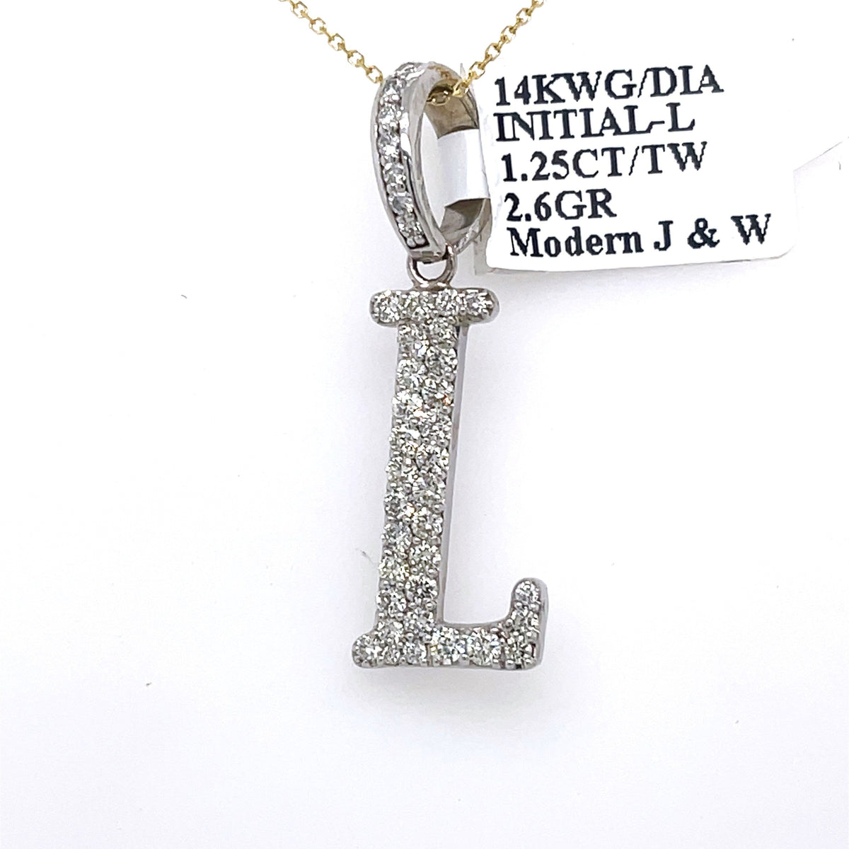 14K White Gold 1.25Ct Round Diamond Initial L Pendant 1.32", 2.6G