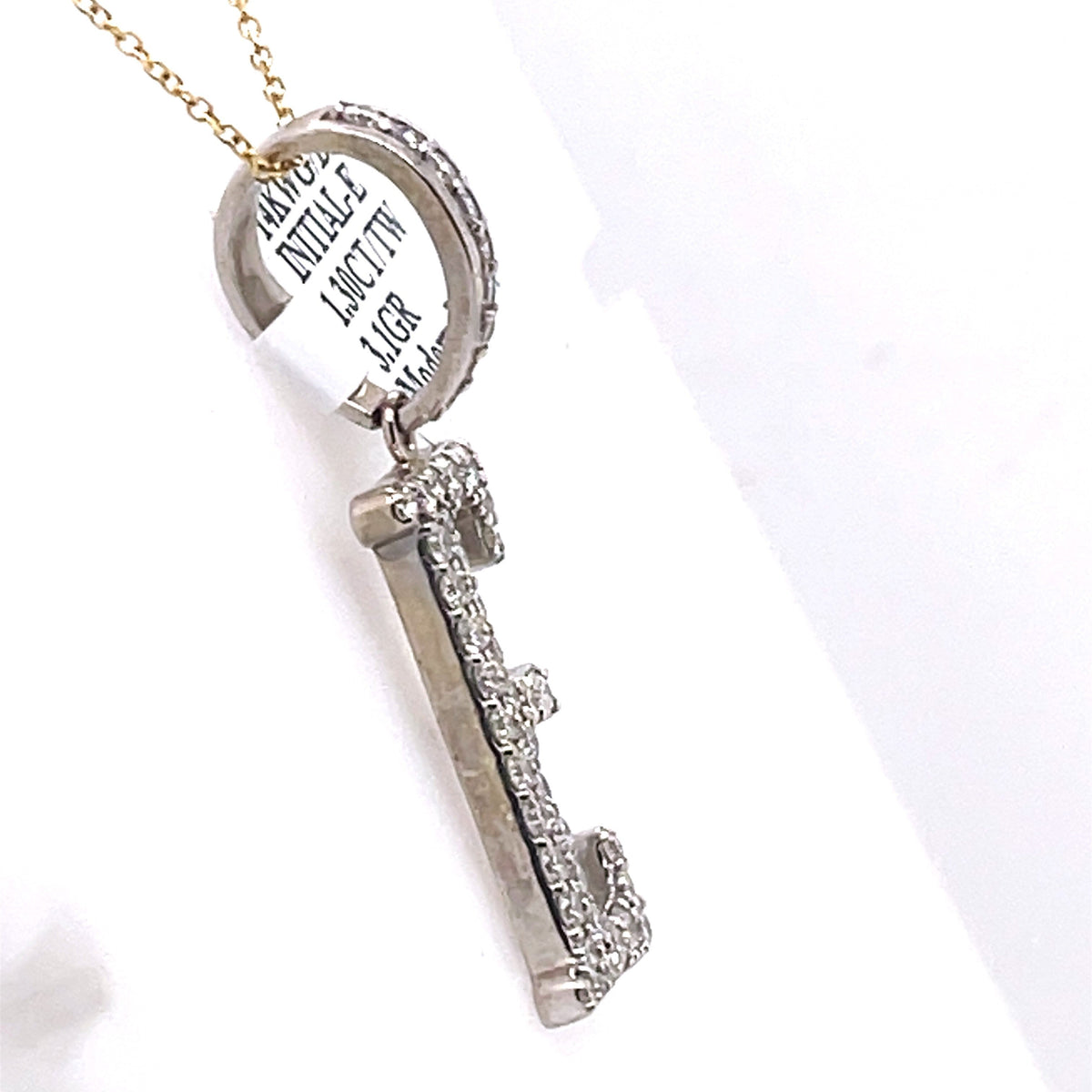 14K White Gold 1.30Ct Round Diamond Initial E Pendant 1.41", 3.1G,