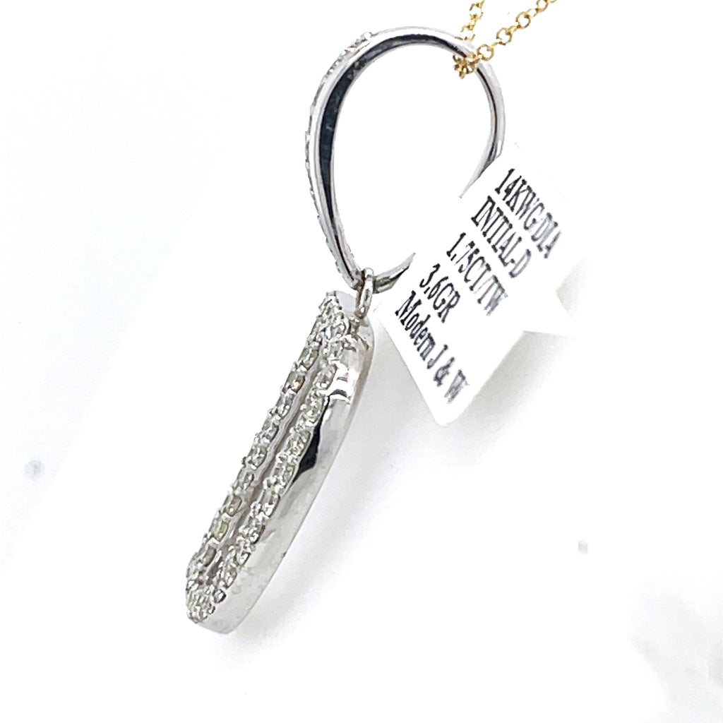 14K White Gold 1.75Ct Round Diamond Initial D Pendant 1.49", 3.6G