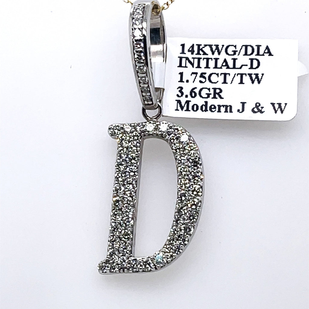 14K White Gold 1.75Ct Round Diamond Initial D Pendant 1.49", 3.6G