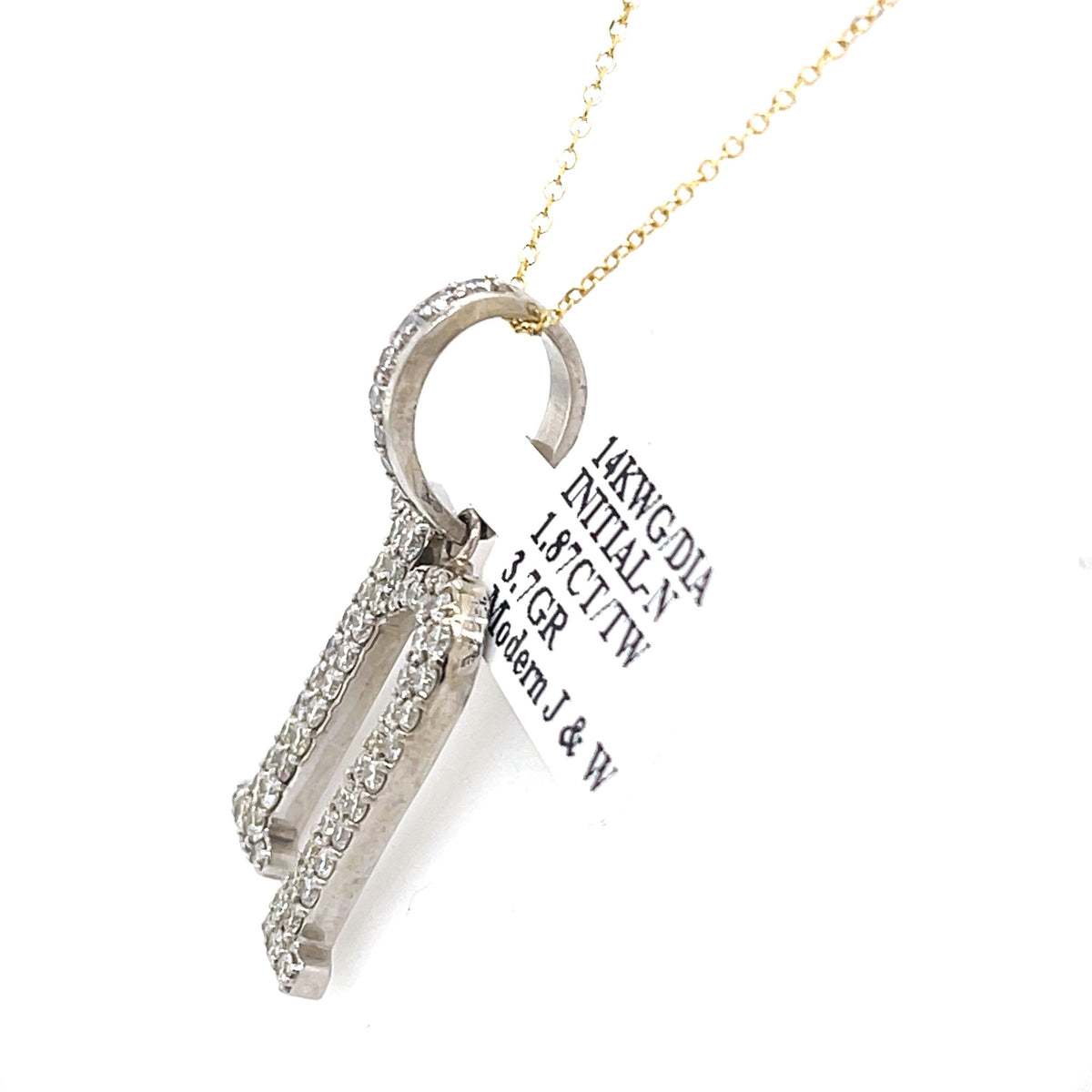 14K White Gold 1.87Ct Round Diamond Initial N Pendant 1.38", 3.7G