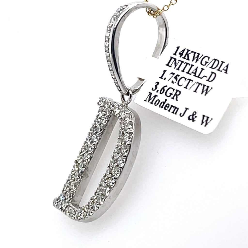 14K White Gold 1.75Ct Round Diamond Initial D Pendant 1.49", 3.6G