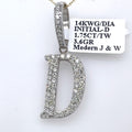 14K White Gold 1.75Ct Round Diamond Initial D Pendant 1.49", 3.6G