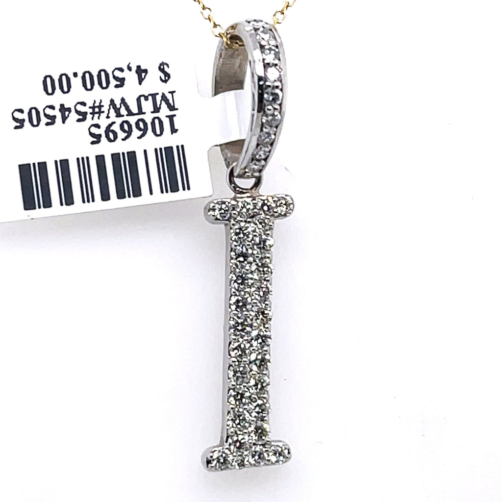 14K White Gold 1.10Ct Round Diamond Initial I Pendant 1.34", 2.4G,