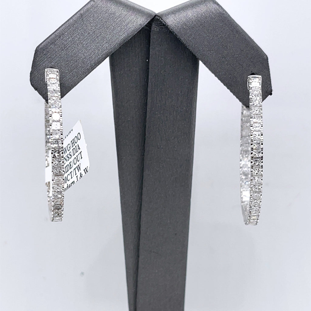 14k White Gold 4.00 CT Princess Diamond Inside Out Hoop Earrings, 9.5gm