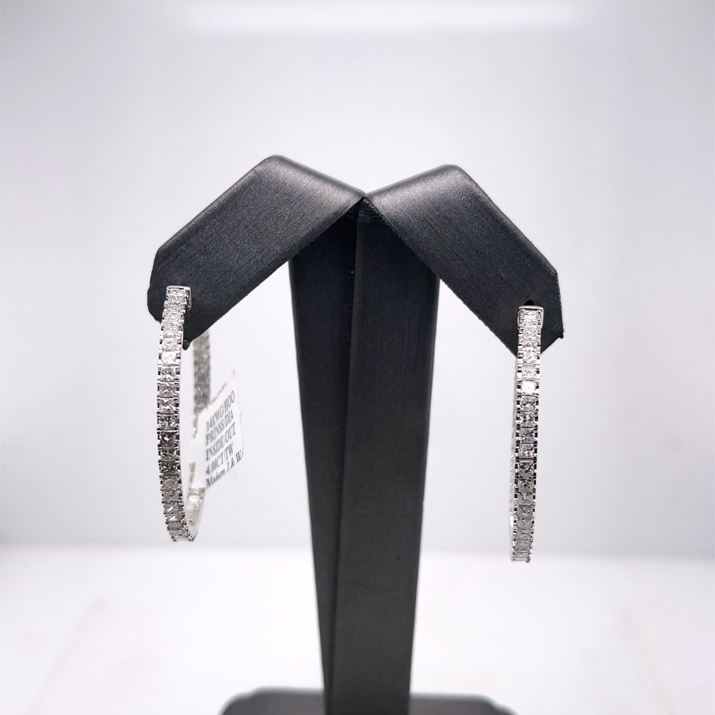 14k White Gold 4.00 CT Princess Diamond Inside Out Hoop Earrings, 9.5gm