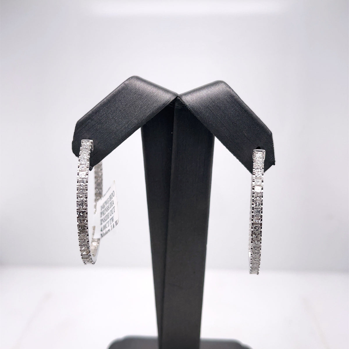 14k White Gold 4.00 CT Princess Diamond Inside Out Hoop Earrings, 9.5gm