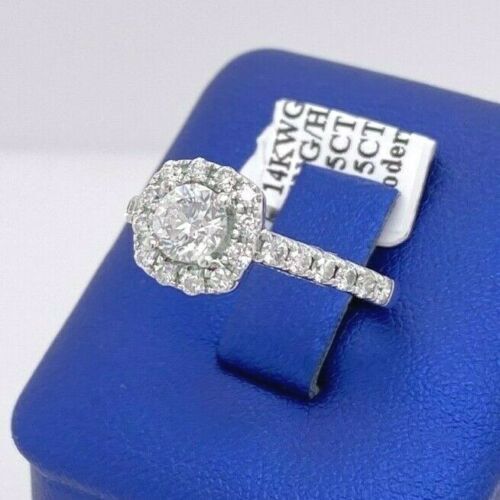 14k White Gold 1.75 CT/TW Diamond Halo Engagement Ring, 3.9 g, Size 5.25