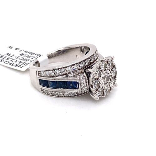 14k White Gold 3.00 CT Diamond & Sapphire Cluster Engagement Ring, 12g