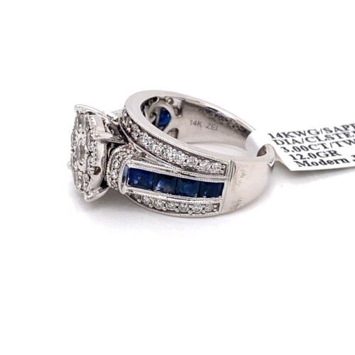 14k White Gold 3.00 CT Diamond & Sapphire Cluster Engagement Ring, 12g