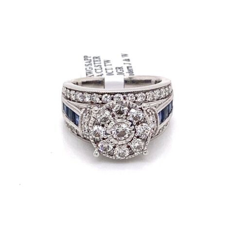 14k White Gold 3.00 CT Diamond & Sapphire Cluster Engagement Ring, 12g