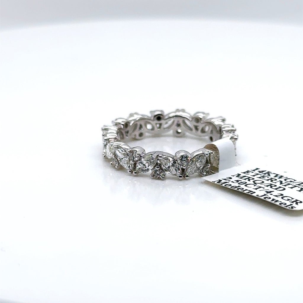 14k White Gold 2.50CT Marquise & Round Cut Diamond Eternity Band, 4.2gm