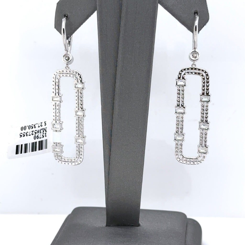 14k White Gold 4.00CT Emerald & Round Cut Diamond Drop Earrings, 7.9g