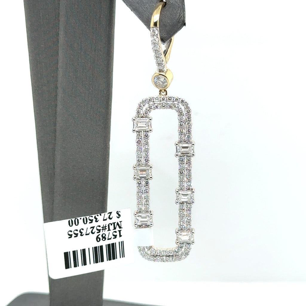 14k Yellow Gold 4.00CT Emerald & Round Cut Diamond Drop Earrings, 7.9g