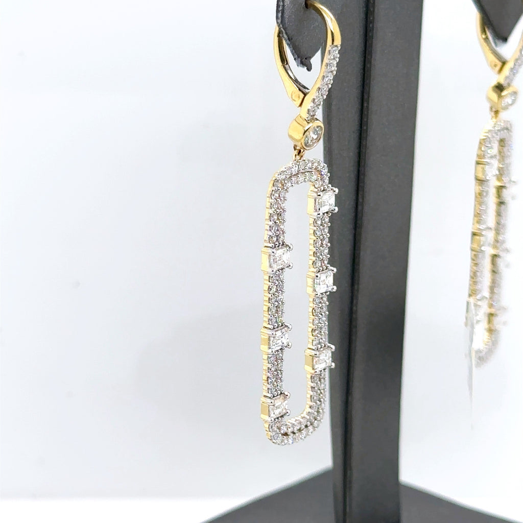 14k Yellow Gold 4.00CT Emerald & Round Cut Diamond Drop Earrings, 7.9g