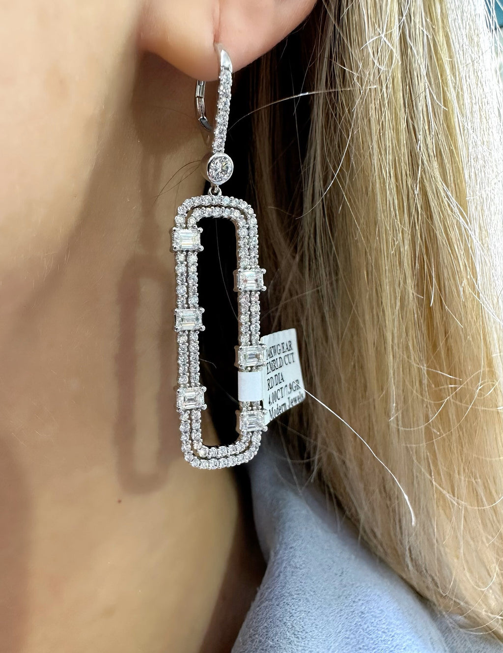 14k White Gold 4.00CT Emerald & Round Cut Diamond Drop Earrings, 7.9g