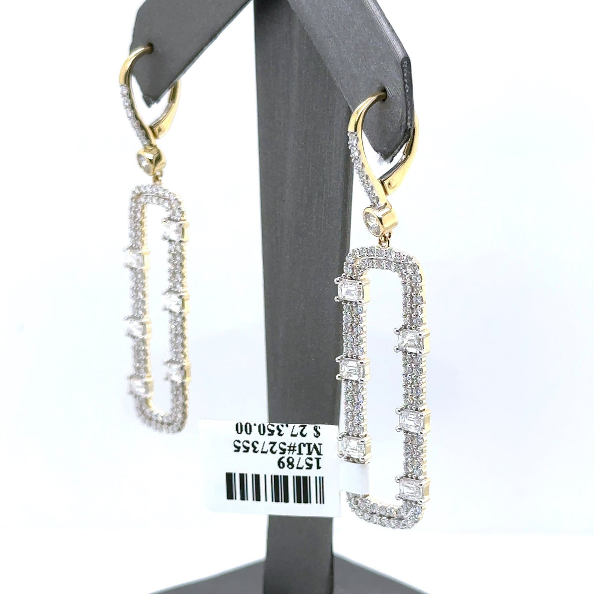14k Yellow Gold 4.00CT Emerald & Round Cut Diamond Drop Earrings, 7.9g