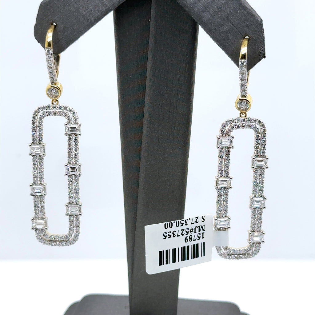 14k Yellow Gold 4.00CT Emerald & Round Cut Diamond Drop Earrings, 7.9g