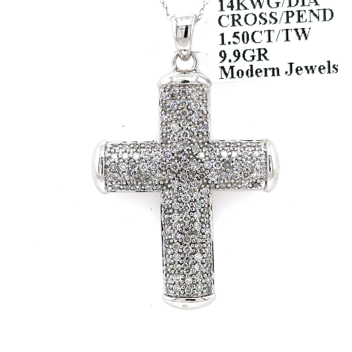 14k White Gold 1.50CT Diamond Cross Pendant, 9.9gm