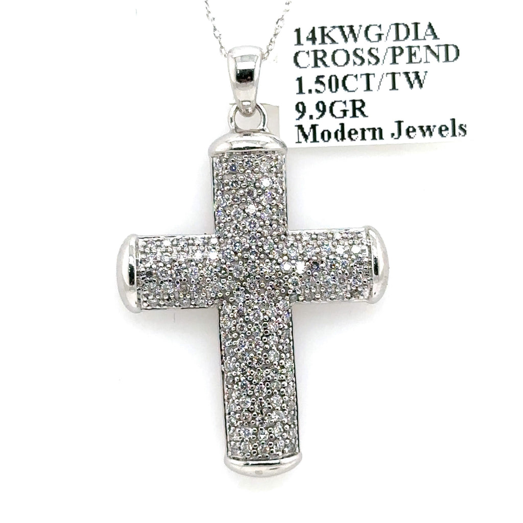 14k White Gold 1.50CT Diamond Cross Pendant, 9.9gm