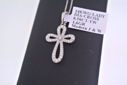 14k White Gold 0.50CT Diamond Ladies Cross Necklace, 16", 1.6gm S102276
