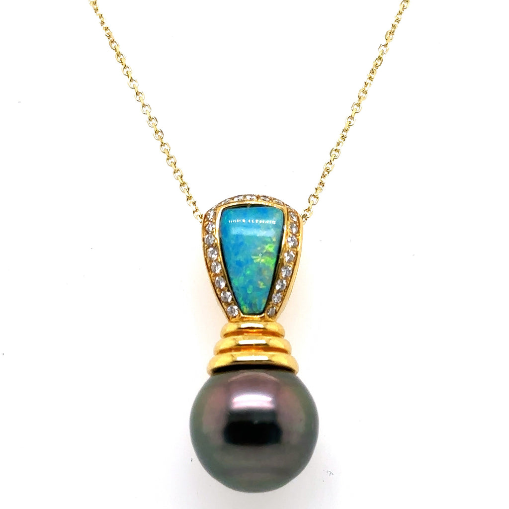 18K Yellow Gold Kabana Black Pearl Opal Pendant 14k Yellow Gold Necklace