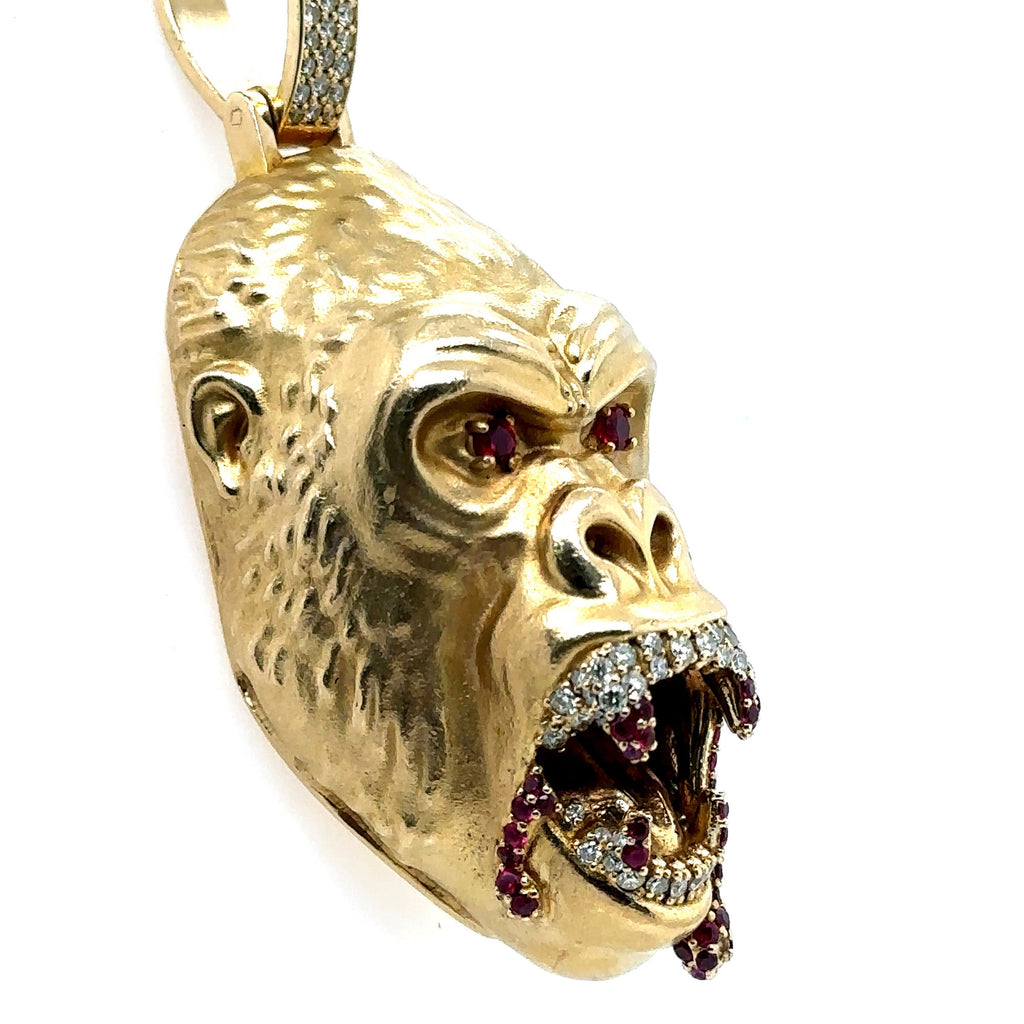 10k Yellow Gold 1.00CT Diamond & Ruby Gorilla Pendant, 71.4gm