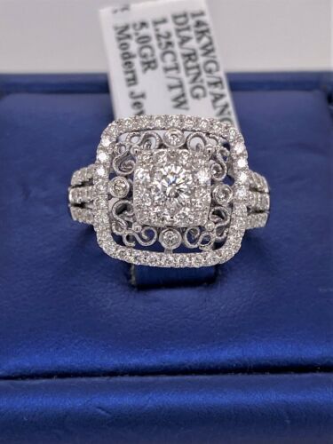 14k White Gold 1.25 CT Diamond Fancy Cluster Ring, 5g, Size 7,
